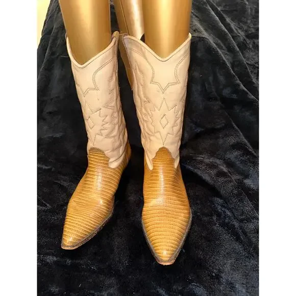 VINTAGE TWO TONE BEIGE BROWN COWBOY BOOTS WESTERN MALIBU COWGIRL - Picture 3 of 11